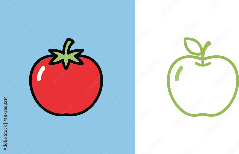 Obraz premium Fresh organic red tomato and green apple outline vector illustration set for healthy cooking and nutrition design concepts.