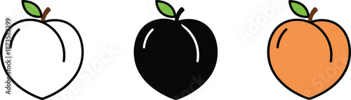Professional peach fruit vector icon set with outline black silhouette and colorful flat designs for healthy organic nutrition.