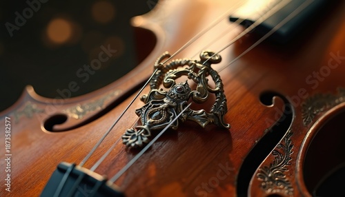 Detailed close up of ornate wooden string instrument tailpiece and strings. Intricate metalwork accents antique violin or viola. Classical music elegance and craftsmanship.