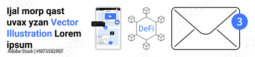 Financial services, blockchain, digital communication, fintech, email alerts, mobile application. A smartphone, decentralized finance blockchain and an email with a notification badge. Financial