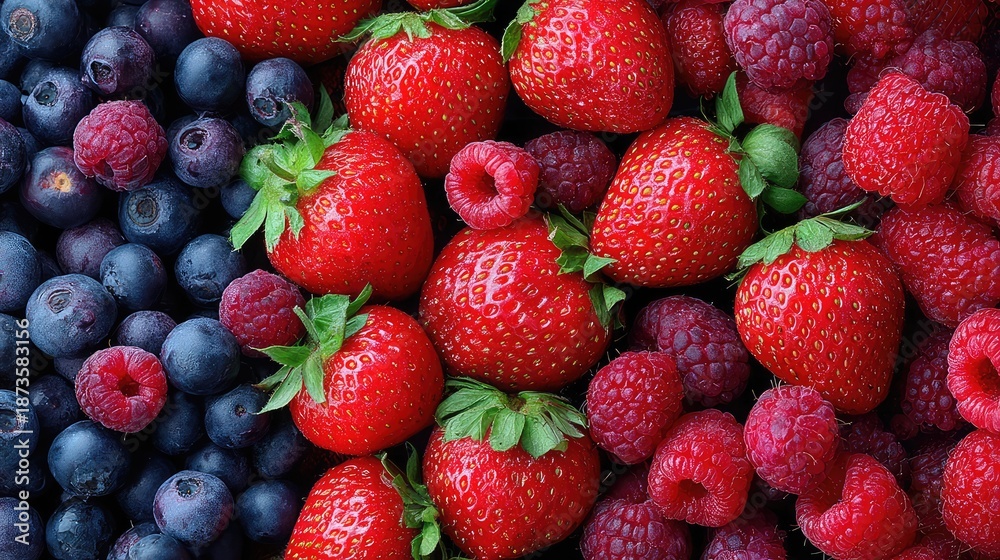 Fototapeta premium Fresh and Juicy Berries Display on Wooden Surface with Strawberries, Blueberries, and Raspberries Perfect for Summer Recipes and Healthy Desserts