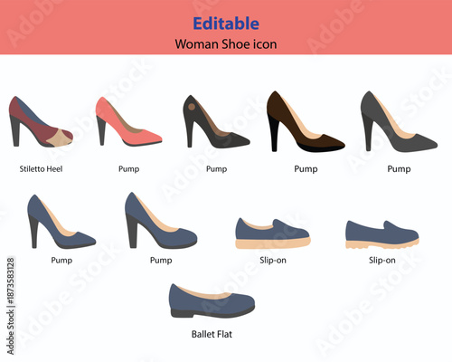 Collection of Different Styles Woman Shoes Icons Stiletto Heel Pump Slip On and Ballet Flat Elegant Ladies Footwear Fashion Concept Vector Illustration Set Isolated on White