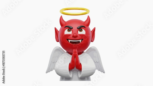Cute devil character with angel wings praying