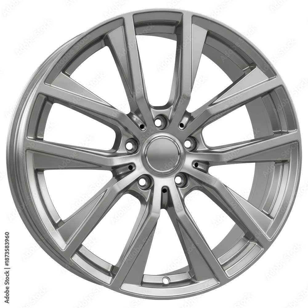 Obraz premium Modern alloy car wheel rim with multi-spoke design and polished silver metal on transparent background