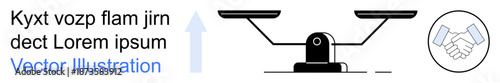 Equality, fairness, decision making, business partnerships, law, and negotiation. Image of a balance scale and handshake icon. Equality and fairness concept visually