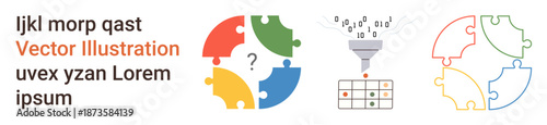 Problem-solving, data analytics, information management, decision-making, teamwork, digital processing. Four-color puzzle pieces with funnel and question mark symbol. Problem-solving and data