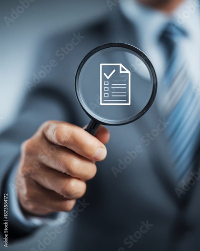 Business professional holding a magnifying glass over a document icon, representing document review, analysis, and information verification.