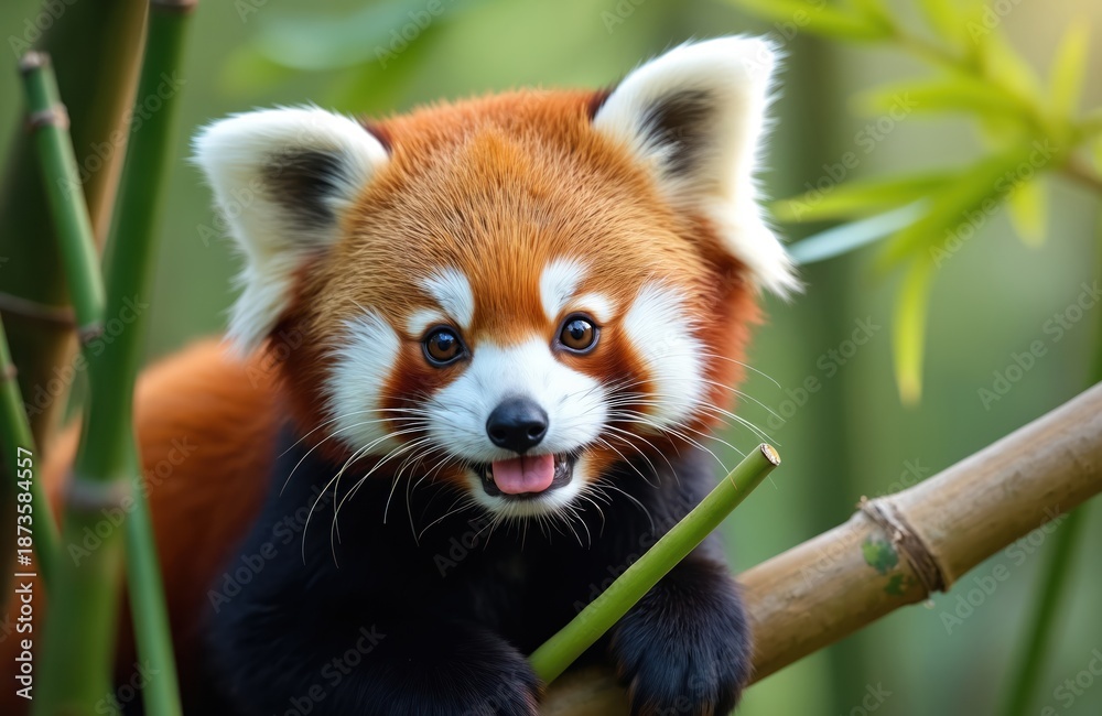 Obraz premium Red panda sits on bamboo branch. Small mammal with fluffy fur, white markings, and bushy tail eats green bamboo shoots. Cute wild animal in natural habitat during daytime.
