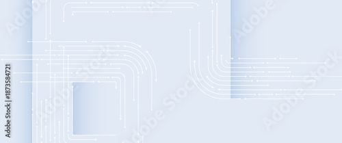Futuristic technology background with white circle circuit wires with text block on light blue motherboard. AI chip or semiconductor concept. Abstract tech bg. Web banner. Digital vector illustration.