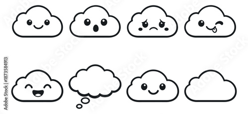 Cute line art cloud icons set featuring various facial expressions and a blank thought bubble for messaging and weather applications