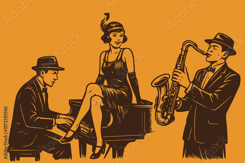 Jazz music vector featuring a soulful female singer at center, a stylish man playing saxophone, and another man on piano, captured in smooth lines, warm rhythm, and timeless jazz mood calm.