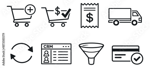 Line art e-commerce icons set featuring shopping carts, a bill, a delivery truck, a CRM system, a funnel, and a credit card for online retail and business management