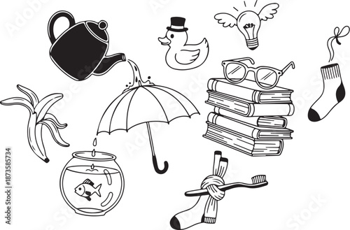 Whimsical illustration of various quirky objects and animals together