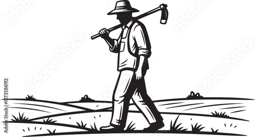 Man walking in field with shovel on shoulder slowly