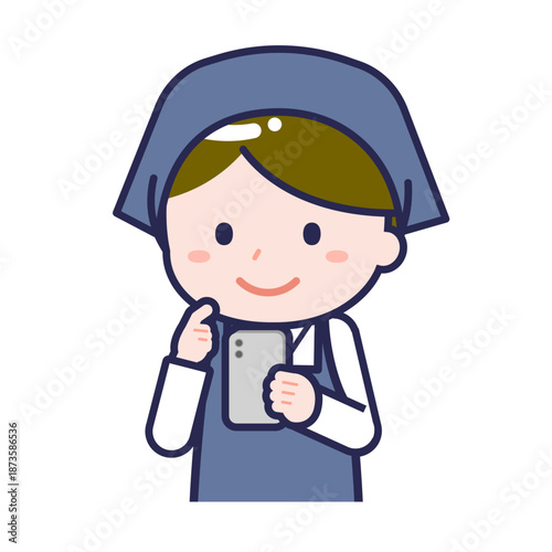 スマートフォンを使う「スタッフ」の男性