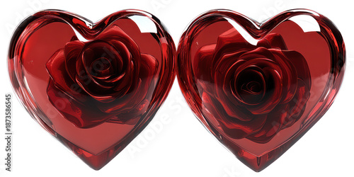 Romantic valentine's heart with red rose, love symbol, passion concept, isolated on transparent background