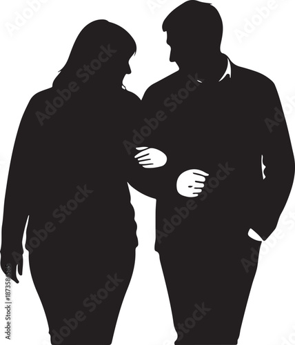 Silhouette of a couple walking together in love outdoors