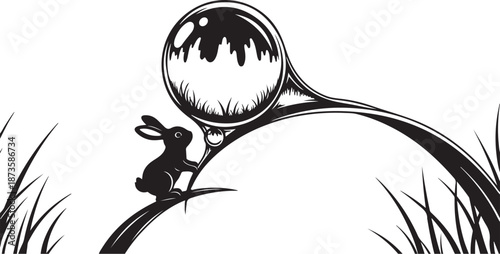Rabbit sitting on grass with magnifying globe illustration