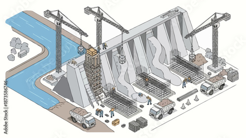 Isometric vector illustration of a hydroelectric dam construction site