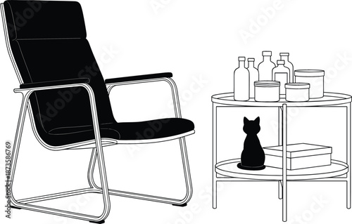 Black and white line art illustration of a modern armchair next to side table with skincare and cat