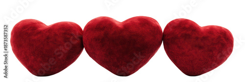 Three red velvet hearts for romantic valentine's day decor