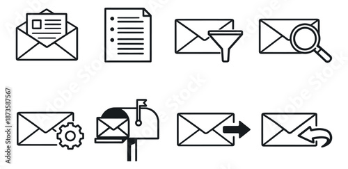 Line art email and message icon set featuring various communication actions and symbols for digital interfaces