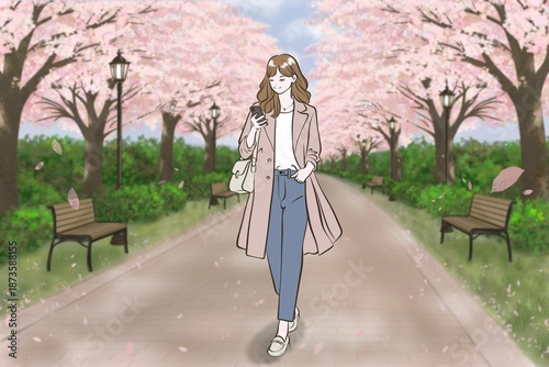 桜の散歩道をスマホを見ながら歩く女性