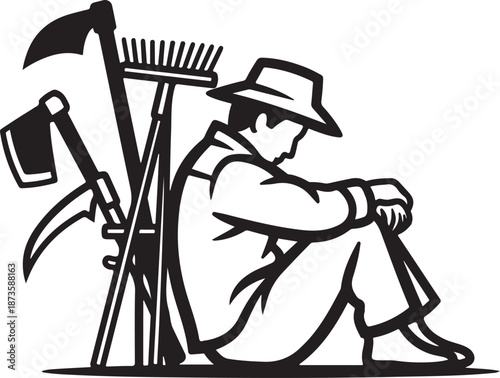Tired Farmer Sitting with Agricultural Tools in Black and White