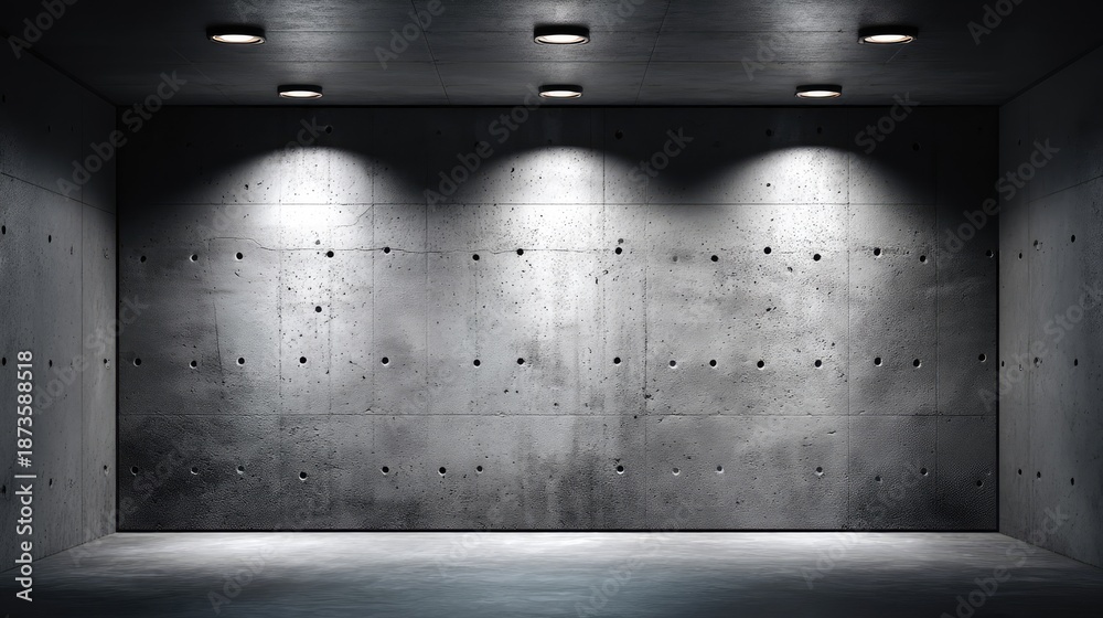 Obraz premium Minimalist concrete wall with spotlight illumination, empty interior space ideal for artistic displays, presentations or background use in modern design