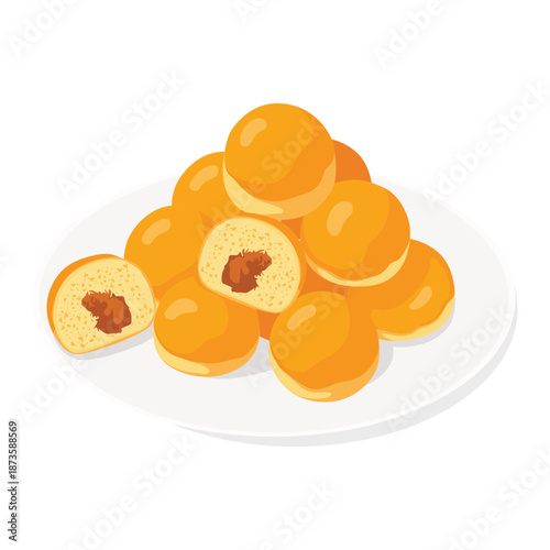 Illustration of a plate piled high with golden-brown pineapple tarts, one cut open to reveal a brown filling on a white background.
