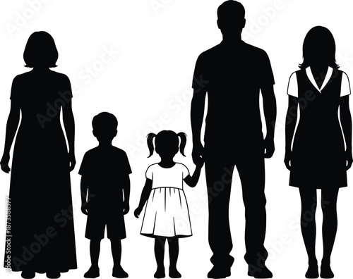 Family silhouette vector, group of people, standing poses, age diversity, black figures, clothing styles, social illustration set