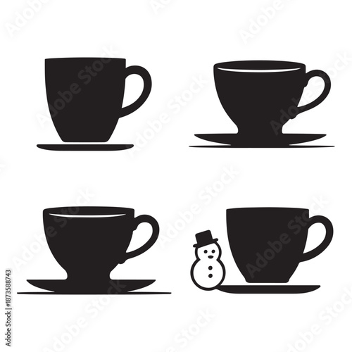 A set of hot coffee and tea cups featuring espresso, cappuccino, and morning beverage icons in a brown vector design for a cafe breakfast illustration