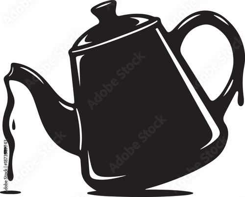 Black teapot pouring liquid on white background illustration