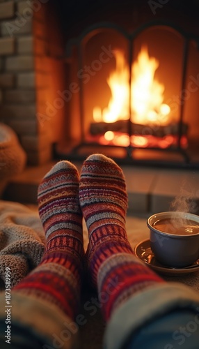 Wallpaper Mural Person relaxes by fireplace wearing patterned socks. Warmth emanates from fire, steam rises from cocoa cup. Cozy indoor scene, feeling of comfort and relaxation, winter season. Torontodigital.ca