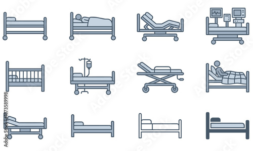 Collection of various hospital bed icons in different styles and positions on a white background.