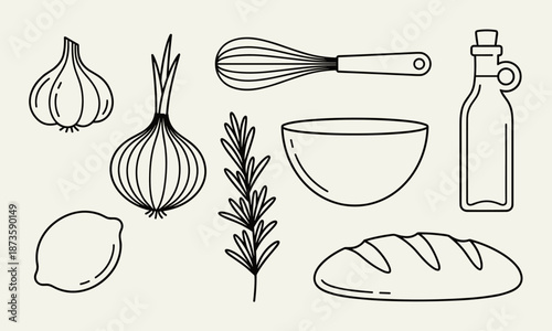 Various kitchen ingredients and utensils for cooking, including garlic, onions, herbs, bread, and condiments.
