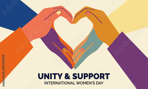 Illustration of diverse hands forming a heart shape in unity for International Women's Day with colorful design elements.