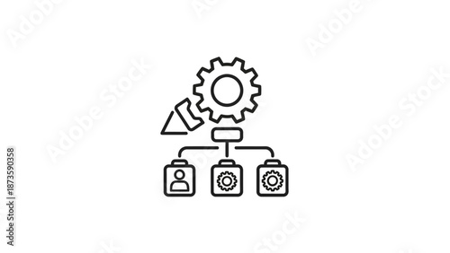 Business process flow chart with gear icon and people icons