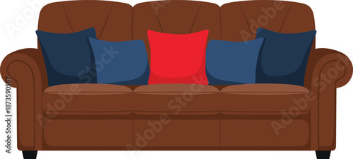 Brown sofa illustration, upholstered furniture, colorful cushions, interior design, home decor, living room, classic couch, vector art, modern arrangement