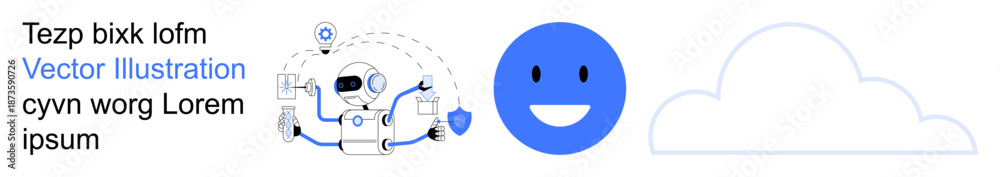 Fototapeta premium Artificial intelligence, emotion recognition, cloud storage, communication, tech design, networking. A robot icon, blue happy face and cloud illustration . Artificial intelligence and emotion