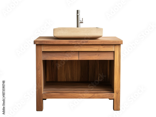 Wooden vanity with stone basin sink