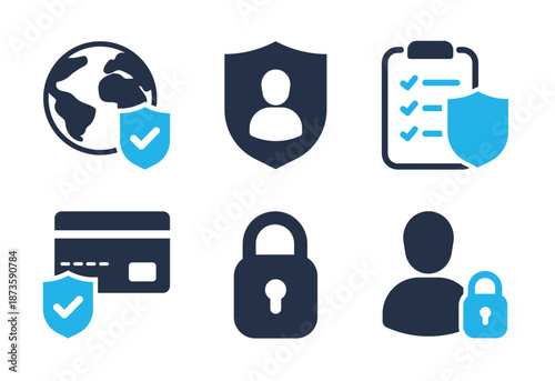 User Privacy and Global Transaction Security icon set. Solid glyph series icons