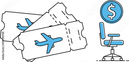 Business travel concept, airplane ticket, office chair, dollar coin, travel expenses, corporate budget, vector illustration, blue theme