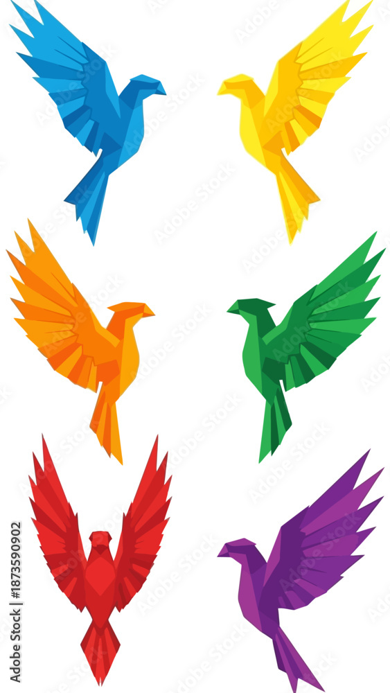 Fototapeta premium Colorful Origami Birds Set - Geometric Design, Flying Phoenix Style Icons
