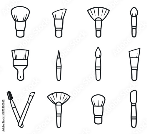 Hand drawn line art makeup brush icon set featuring different cosmetic applicators and tools for beauty and personal care designs