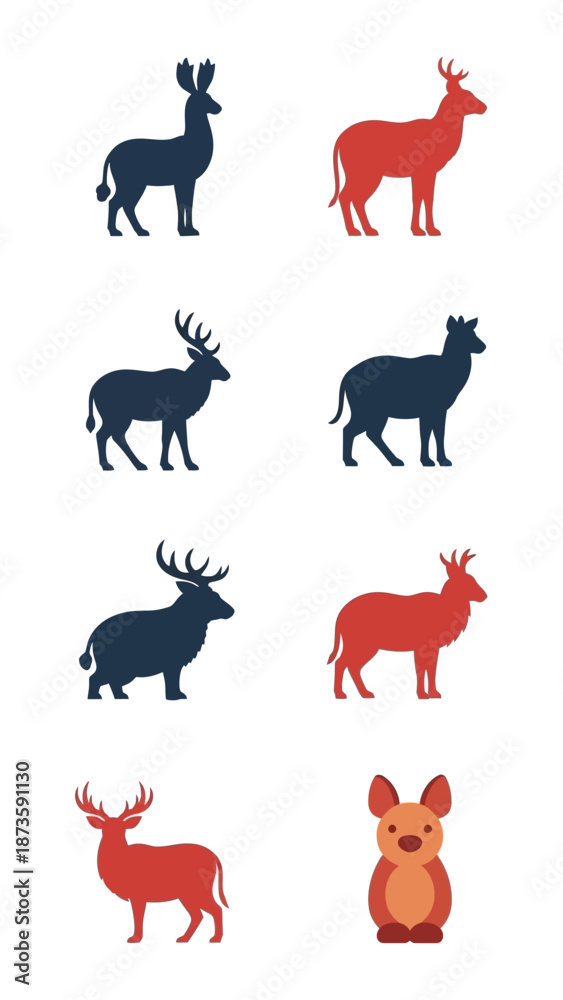 Fototapeta premium Deer Silhouette Collection: Forest Animals Graphics | Red and Blue Vector Icons