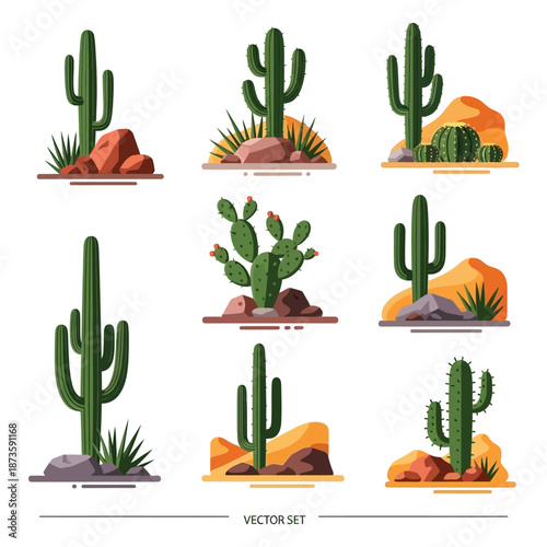 Desert Cactus Collection: Saguaro, Prickly Pear, Desert Plants & Rocks - Flat Vector Art