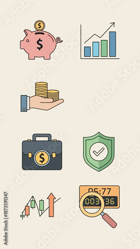 Finance Icons: Piggy Bank, Growth Chart, Money Stack, Briefcase, Security Shield, Candlestick Chart, Timer