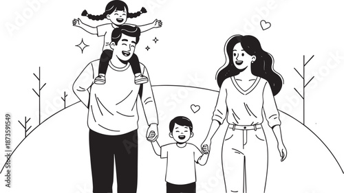 Hand drawn vector illustration of a fashion couple where a girl with a guitar and bouquet joins a boy in a cute cartoon art style celebrating love and family