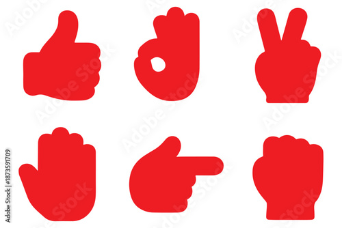 Hand gestures vector icons set. Like, dislike, love, peace, rock and wave signs. Thumbs up, heart, victory, fist and clap hands silhouette. Communication symbols. 